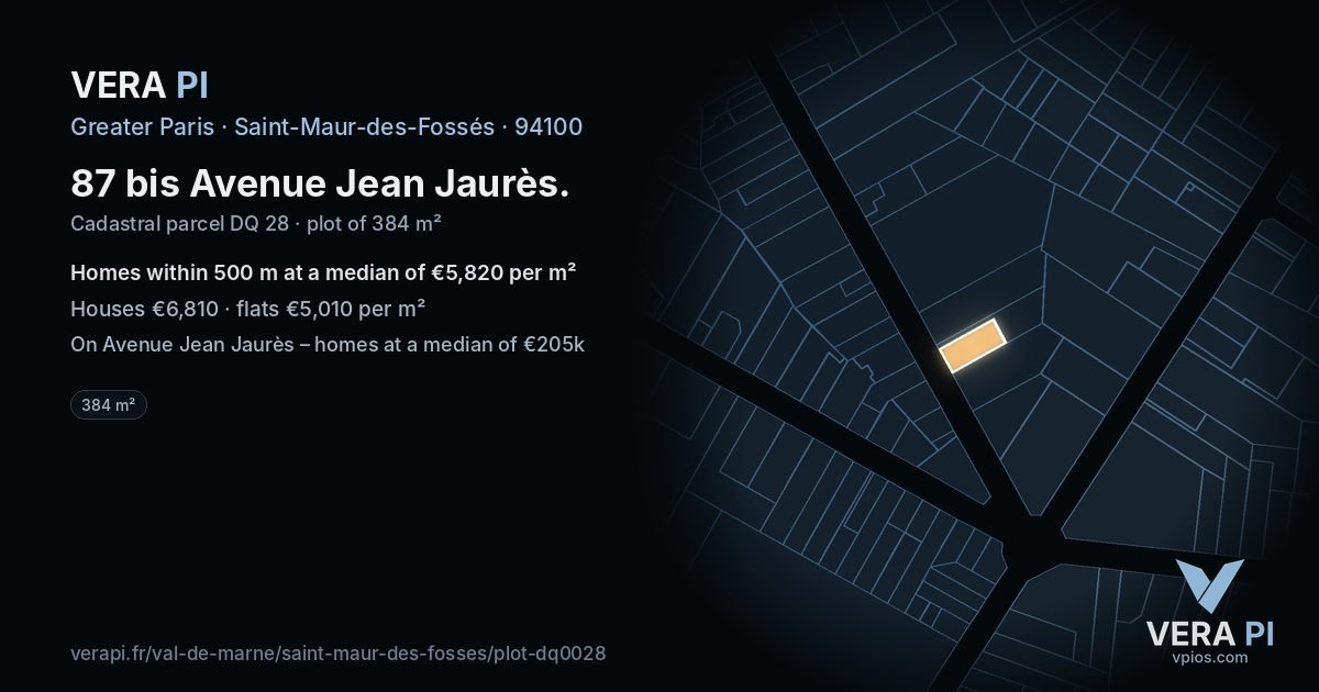 87 bis Avenue Jean Jaurès, Saint-Maur-des-Fossés at night – the plot lit, the parcels around coloured by the prices near them