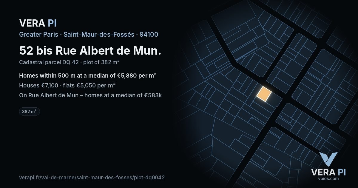 52 bis Rue Albert de Mun, Saint-Maur-des-Fossés at night – the plot lit, the parcels around coloured by the prices near them
