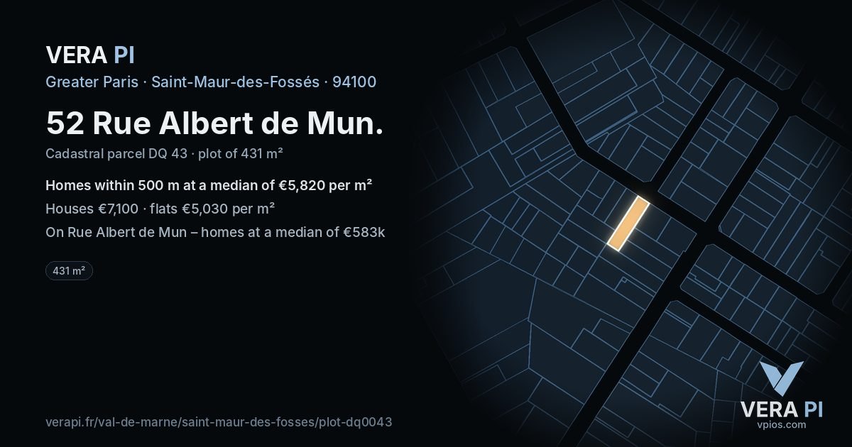 52 Rue Albert de Mun, Saint-Maur-des-Fossés at night – the plot lit, the parcels around coloured by the prices near them