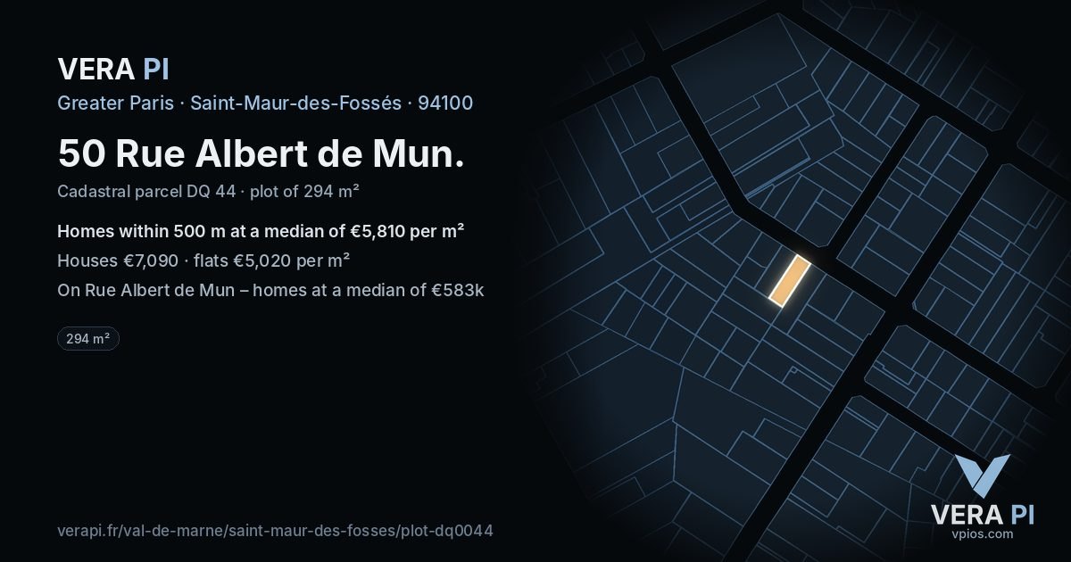 50 Rue Albert de Mun, Saint-Maur-des-Fossés at night – the plot lit, the parcels around coloured by the prices near them