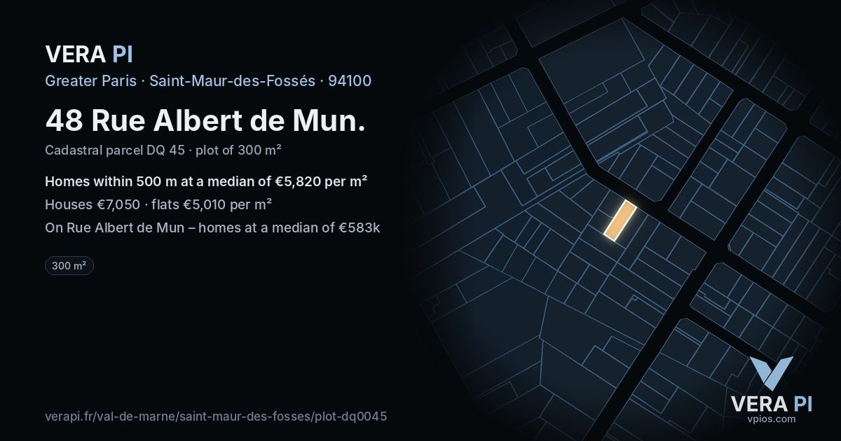 48 Rue Albert de Mun, Saint-Maur-des-Fossés at night – the plot lit, the parcels around coloured by the prices near them