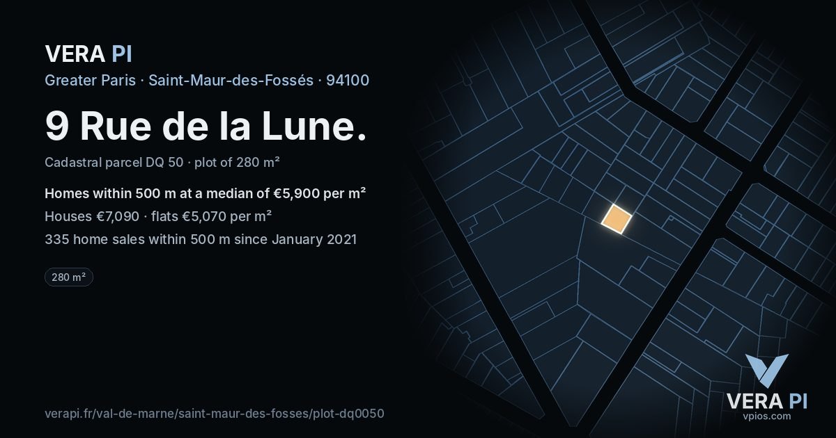 9 Rue de la Lune, Saint-Maur-des-Fossés at night – the plot lit, the parcels around coloured by the prices near them