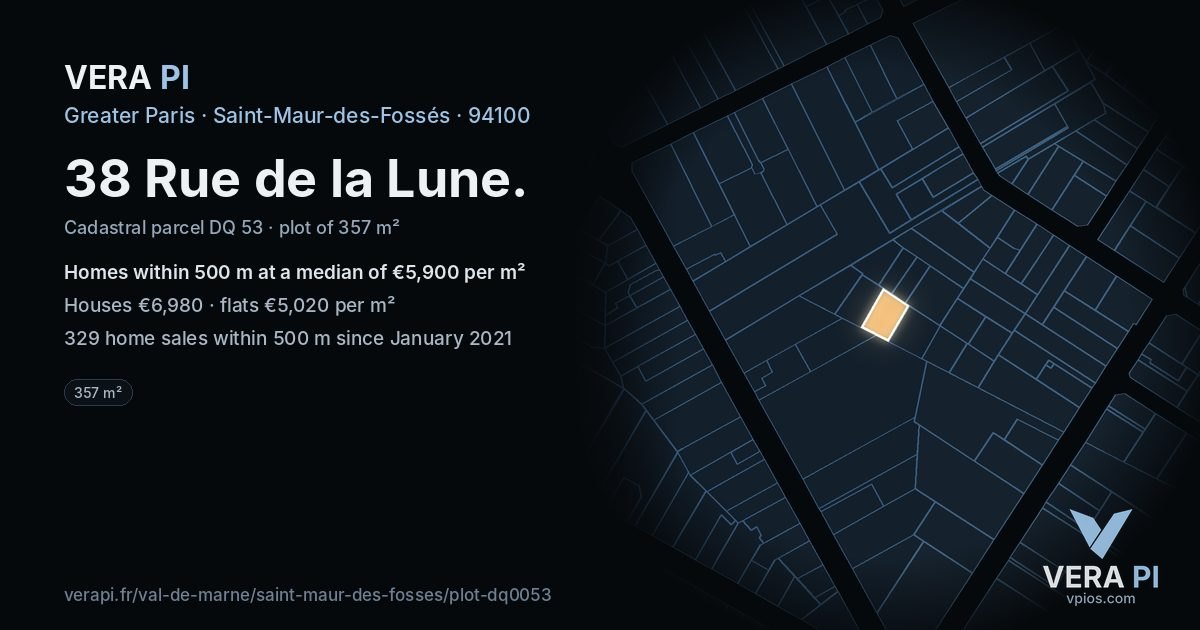 38 Rue de la Lune, Saint-Maur-des-Fossés at night – the plot lit, the parcels around coloured by the prices near them