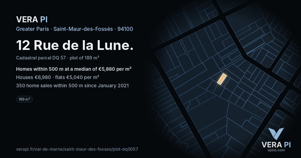 12 Rue de la Lune, Saint-Maur-des-Fossés at night – the plot lit, the parcels around coloured by the prices near them