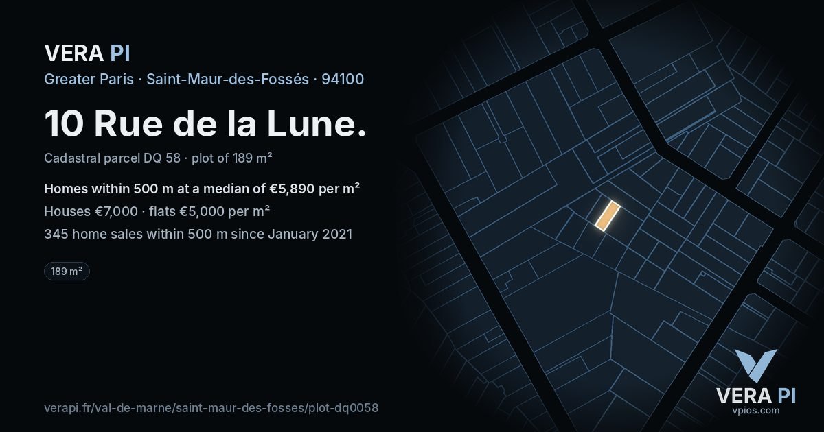 10 Rue de la Lune, Saint-Maur-des-Fossés at night – the plot lit, the parcels around coloured by the prices near them