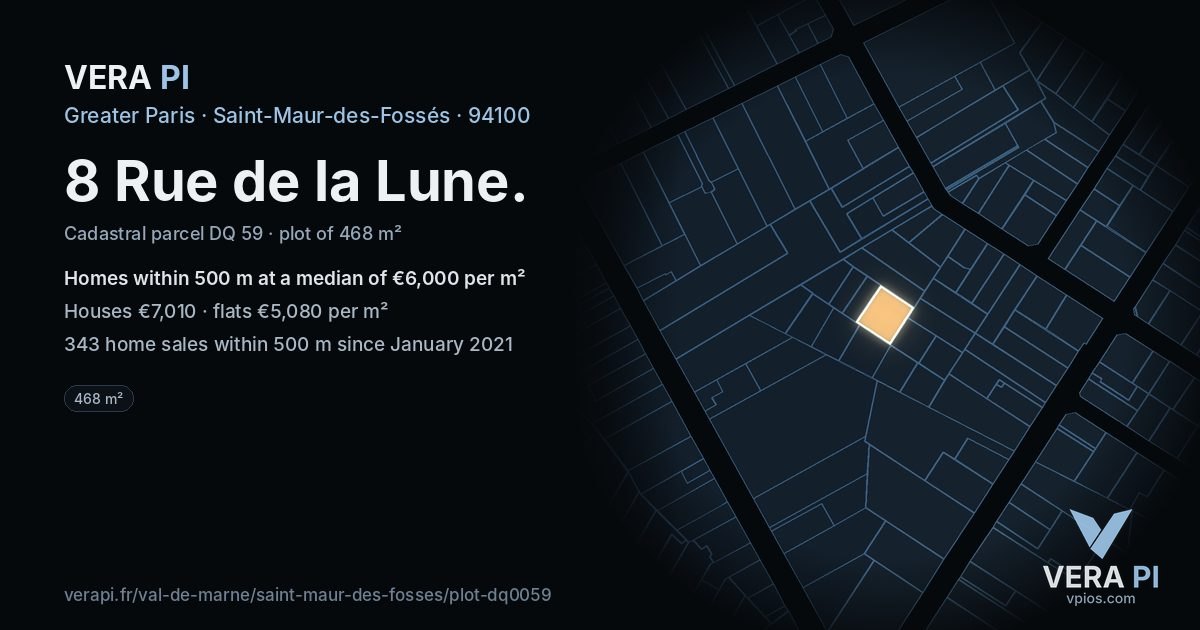 8 Rue de la Lune, Saint-Maur-des-Fossés at night – the plot lit, the parcels around coloured by the prices near them