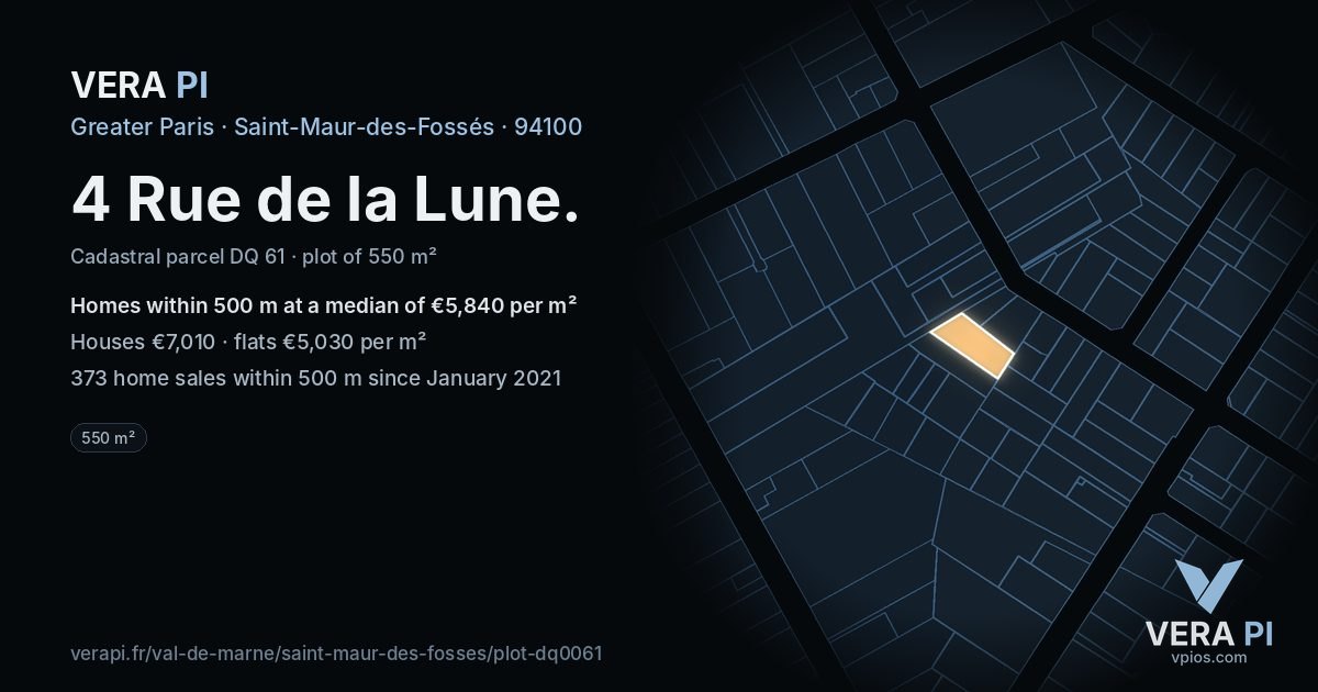 4 Rue de la Lune, Saint-Maur-des-Fossés at night – the plot lit, the parcels around coloured by the prices near them