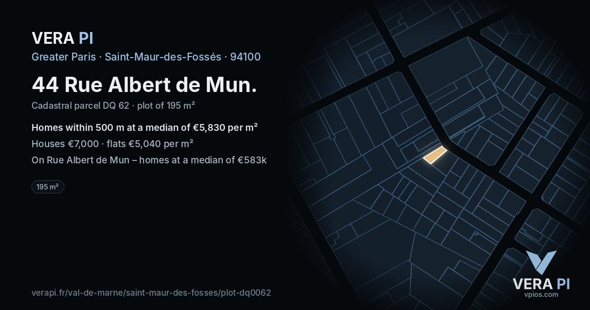 44 Rue Albert de Mun, Saint-Maur-des-Fossés at night – the plot lit, the parcels around coloured by the prices near them