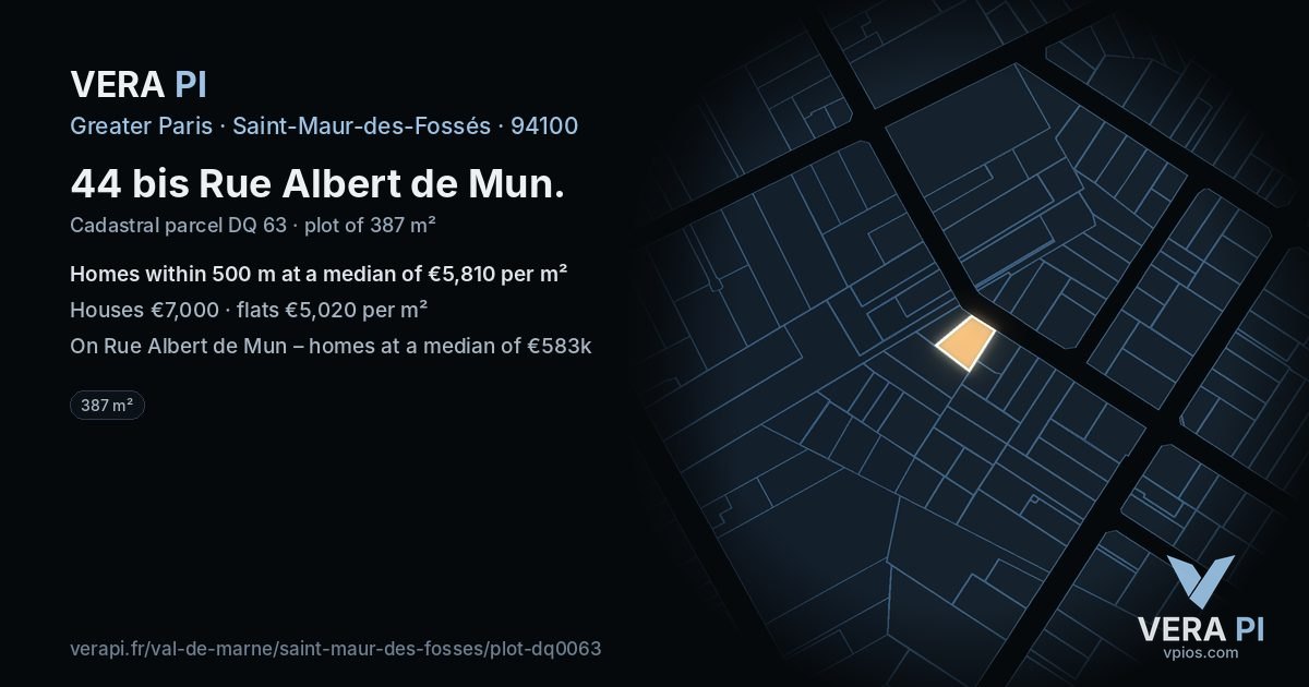 44 bis Rue Albert de Mun, Saint-Maur-des-Fossés at night – the plot lit, the parcels around coloured by the prices near them