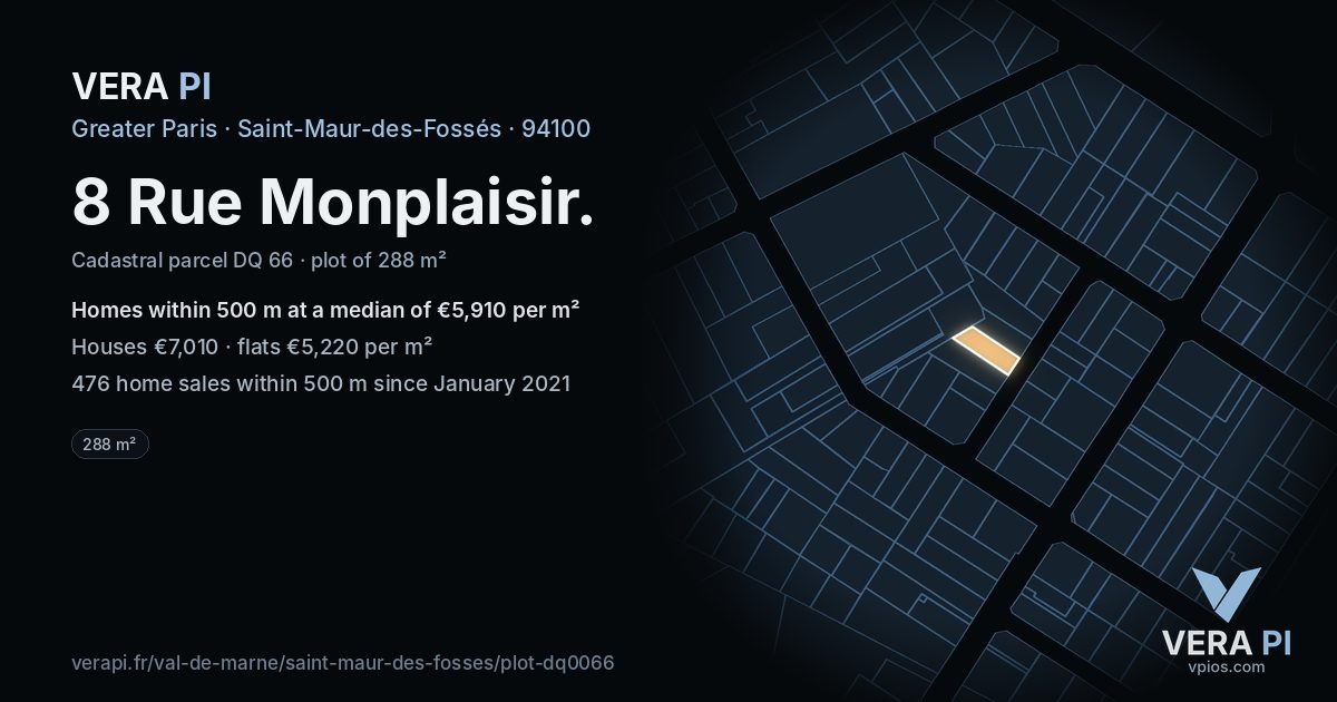 8 Rue Monplaisir, Saint-Maur-des-Fossés at night – the plot lit, the parcels around coloured by the prices near them