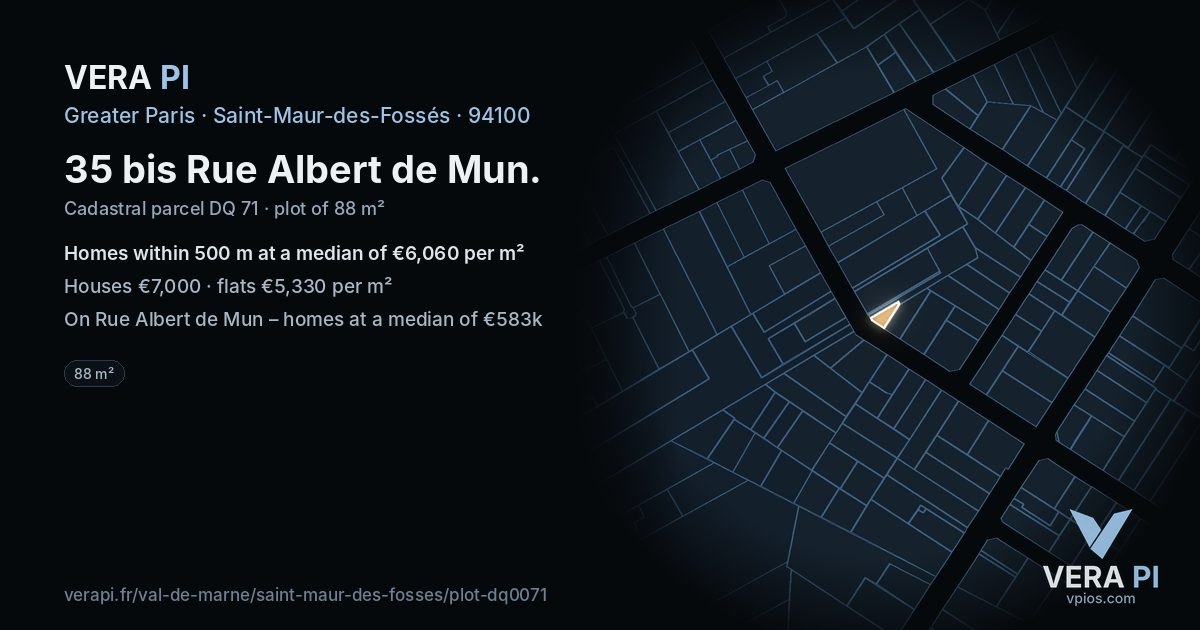 35 bis Rue Albert de Mun, Saint-Maur-des-Fossés at night – the plot lit, the parcels around coloured by the prices near them