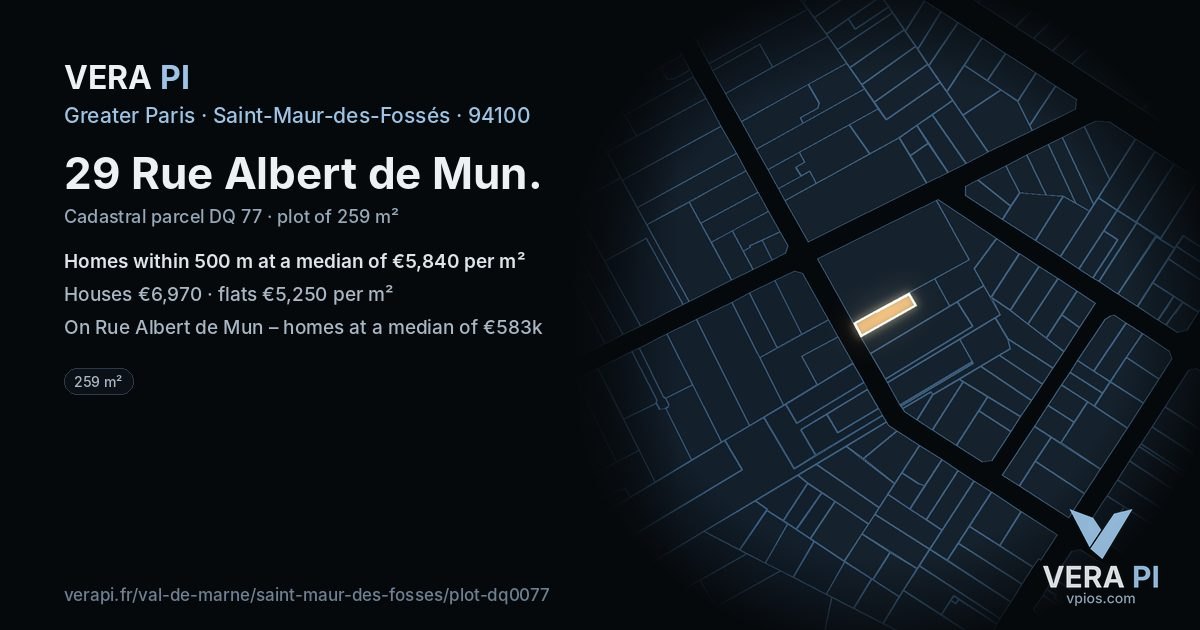 29 Rue Albert de Mun, Saint-Maur-des-Fossés at night – the plot lit, the parcels around coloured by the prices near them