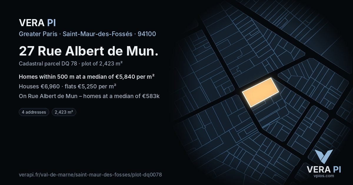 27 Rue Albert de Mun, Saint-Maur-des-Fossés at night – the plot lit, the parcels around coloured by the prices near them