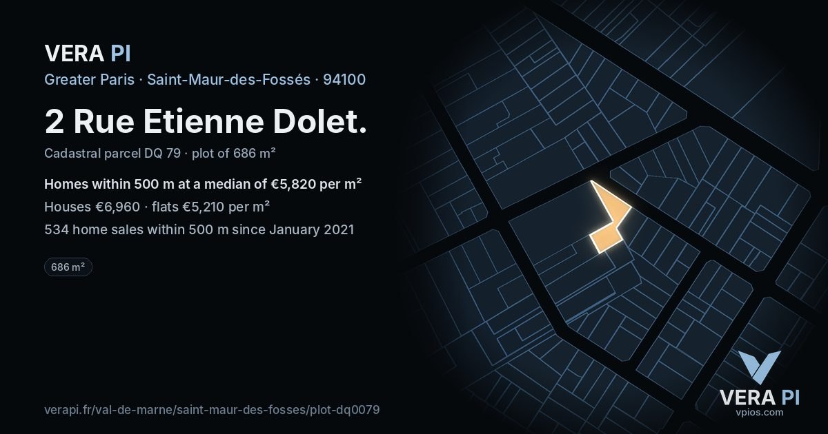 2 Rue Etienne Dolet, Saint-Maur-des-Fossés at night – the plot lit, the parcels around coloured by the prices near them