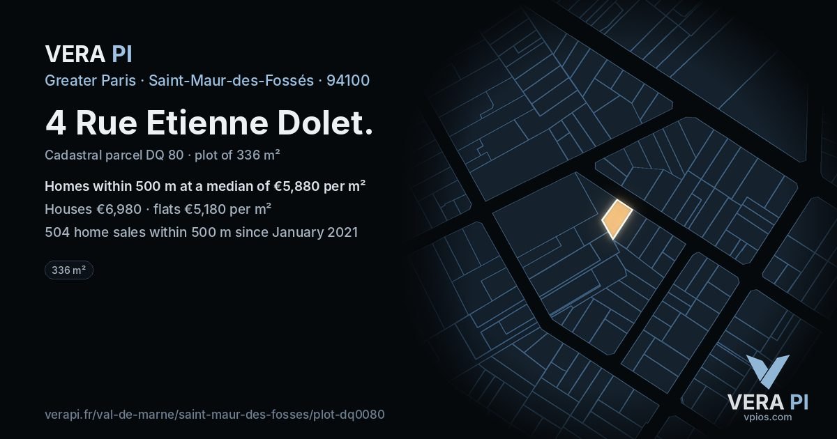 4 Rue Etienne Dolet, Saint-Maur-des-Fossés at night – the plot lit, the parcels around coloured by the prices near them