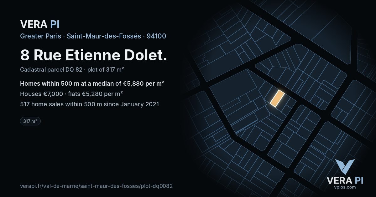 8 Rue Etienne Dolet, Saint-Maur-des-Fossés at night – the plot lit, the parcels around coloured by the prices near them