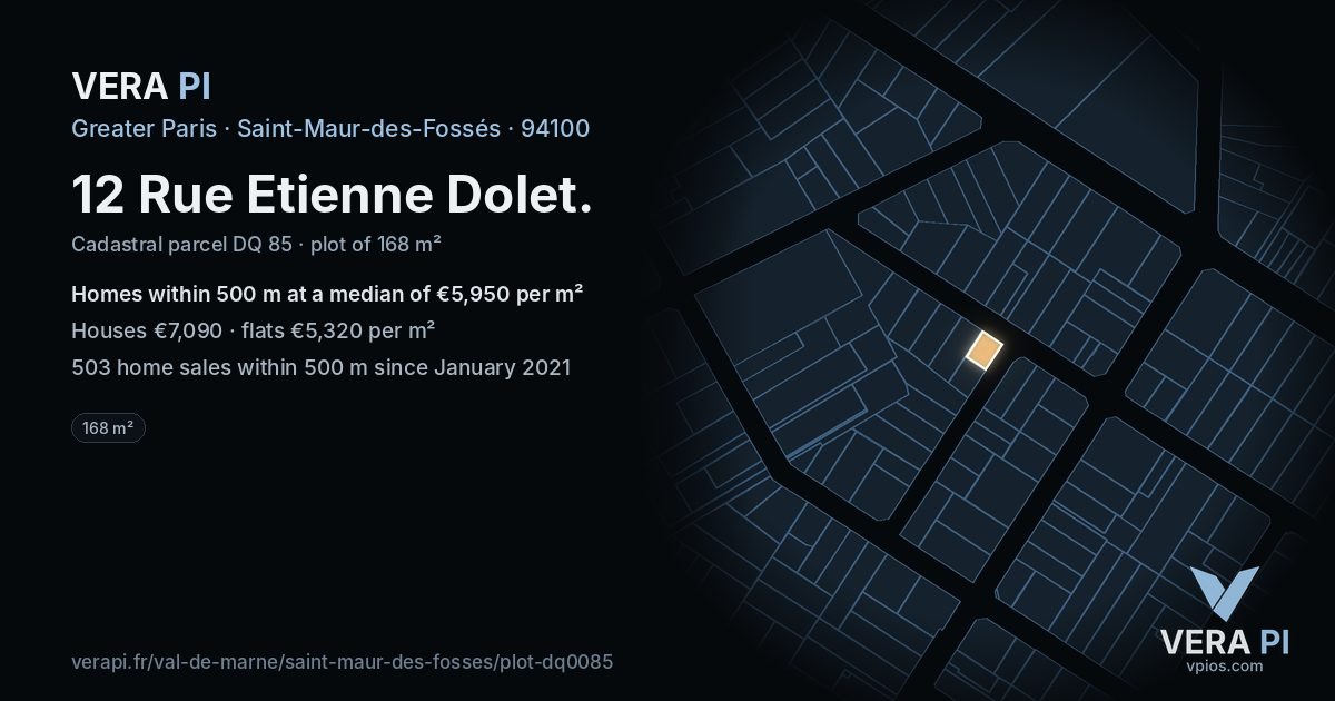 12 Rue Etienne Dolet, Saint-Maur-des-Fossés at night – the plot lit, the parcels around coloured by the prices near them