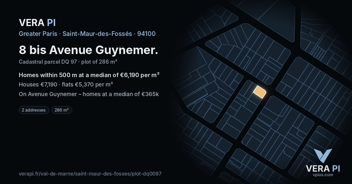8 bis Avenue Guynemer, Saint-Maur-des-Fossés at night – the plot lit, the parcels around coloured by the prices near them