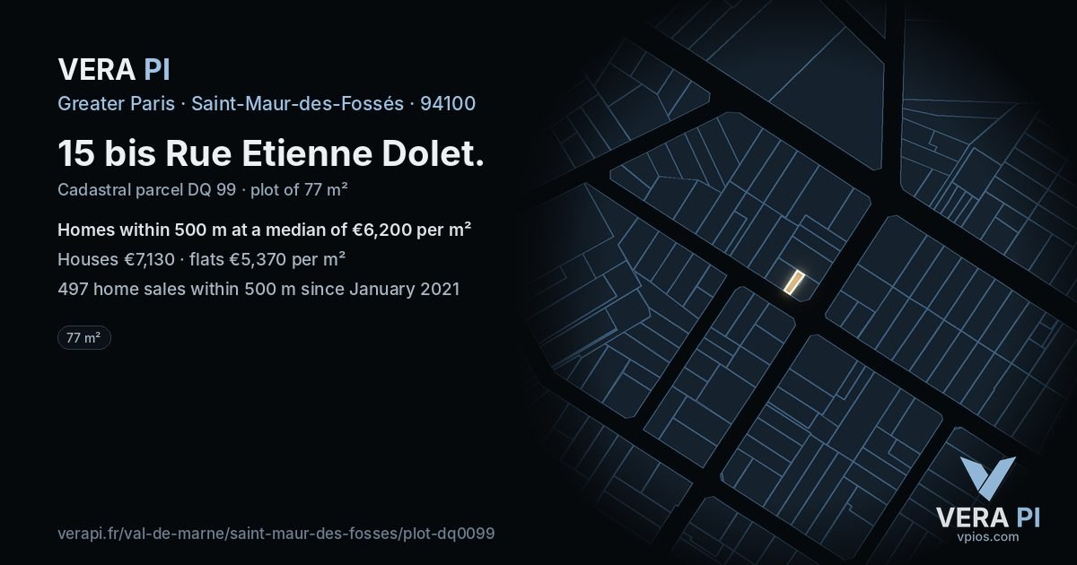 15 bis Rue Etienne Dolet, Saint-Maur-des-Fossés at night – the plot lit, the parcels around coloured by the prices near them