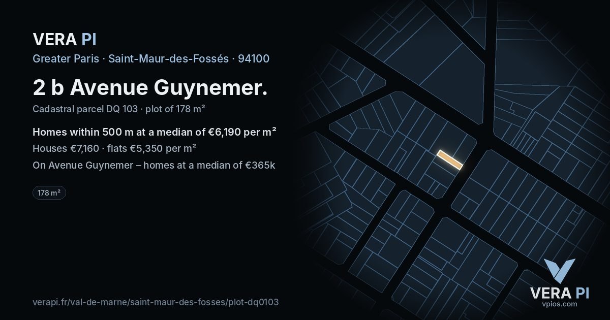 2 b Avenue Guynemer, Saint-Maur-des-Fossés at night – the plot lit, the parcels around coloured by the prices near them