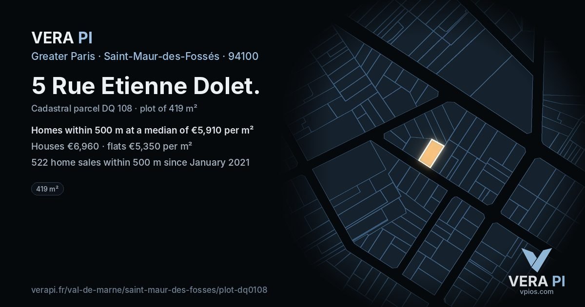 5 Rue Etienne Dolet, Saint-Maur-des-Fossés at night – the plot lit, the parcels around coloured by the prices near them