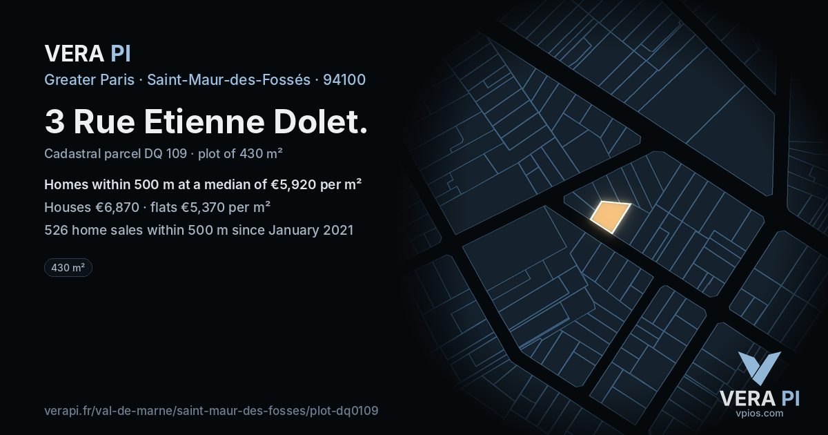 3 Rue Etienne Dolet, Saint-Maur-des-Fossés at night – the plot lit, the parcels around coloured by the prices near them