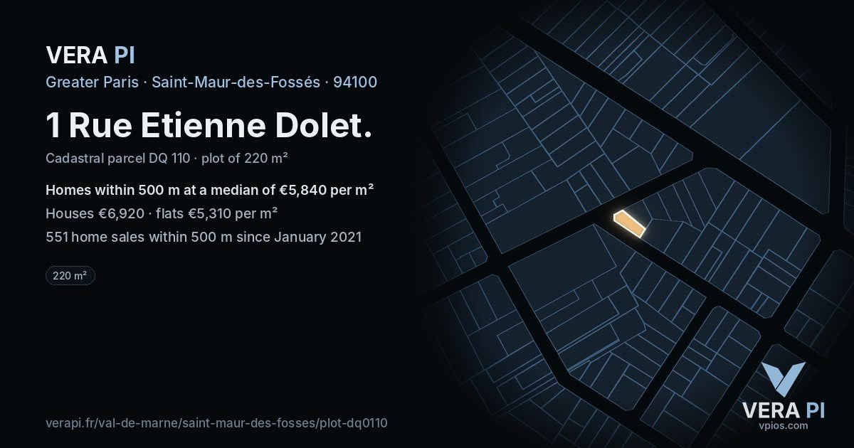 1 Rue Etienne Dolet, Saint-Maur-des-Fossés at night – the plot lit, the parcels around coloured by the prices near them