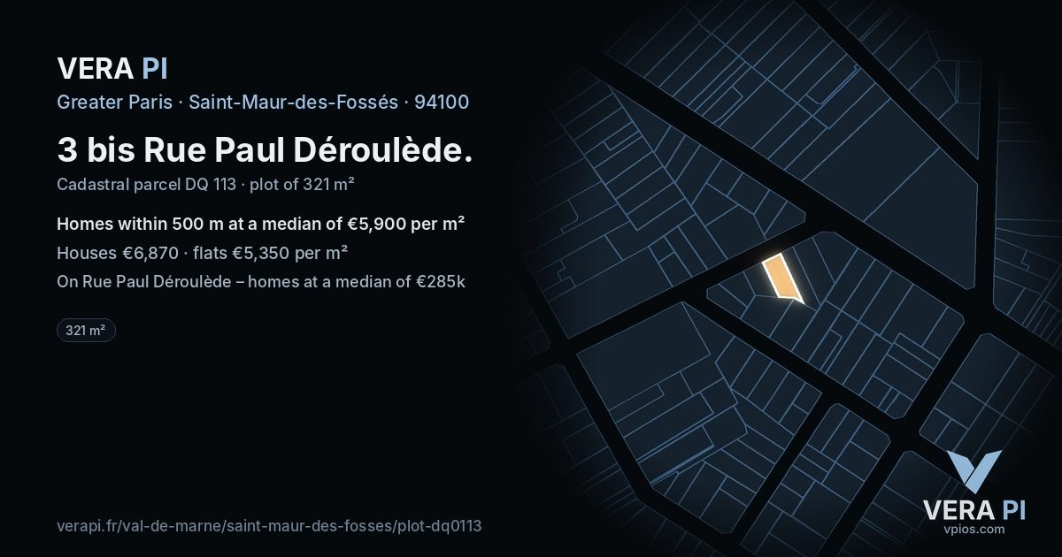 3 bis Rue Paul Déroulède, Saint-Maur-des-Fossés at night – the plot lit, the parcels around coloured by the prices near them