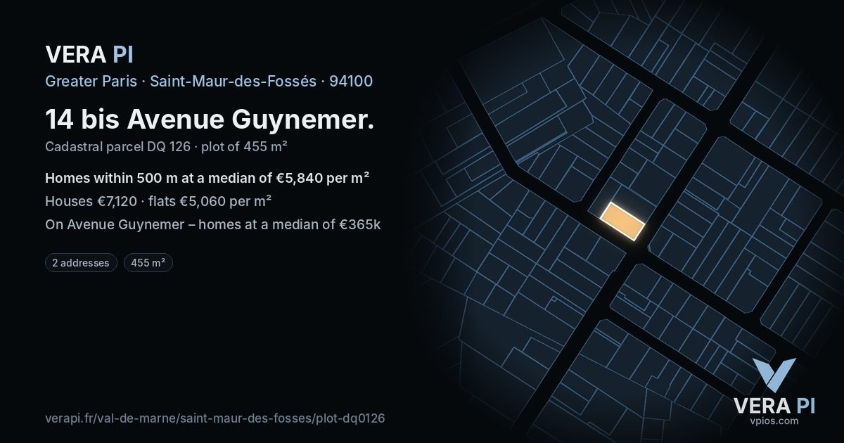 14 bis Avenue Guynemer, Saint-Maur-des-Fossés at night – the plot lit, the parcels around coloured by the prices near them