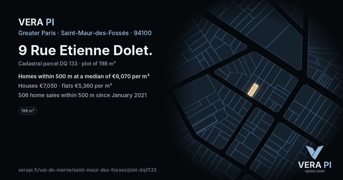9 Rue Etienne Dolet, Saint-Maur-des-Fossés at night – the plot lit, the parcels around coloured by the prices near them