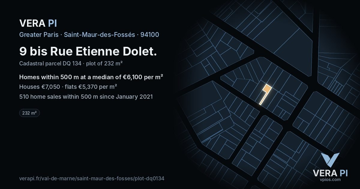 9 bis Rue Etienne Dolet, Saint-Maur-des-Fossés at night – the plot lit, the parcels around coloured by the prices near them