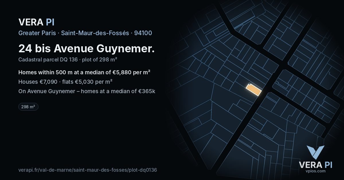 24 bis Avenue Guynemer, Saint-Maur-des-Fossés at night – the plot lit, the parcels around coloured by the prices near them