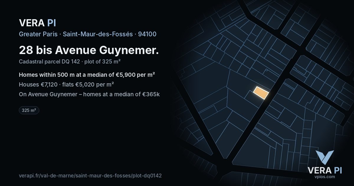28 bis Avenue Guynemer, Saint-Maur-des-Fossés at night – the plot lit, the parcels around coloured by the prices near them