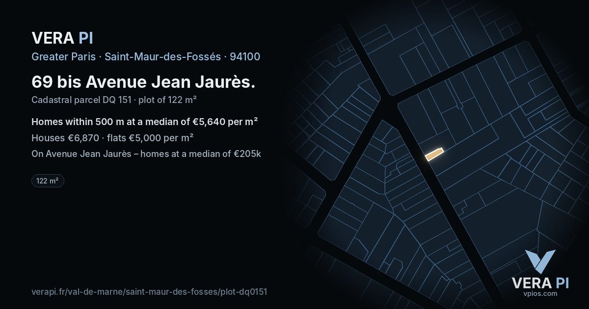 69 bis Avenue Jean Jaurès, Saint-Maur-des-Fossés at night – the plot lit, the parcels around coloured by the prices near them