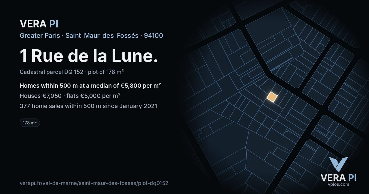 1 Rue de la Lune, Saint-Maur-des-Fossés at night – the plot lit, the parcels around coloured by the prices near them