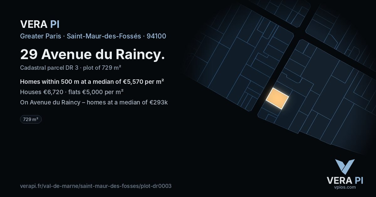 29 Avenue du Raincy, Saint-Maur-des-Fossés at night – the plot lit, the parcels around coloured by the prices near them