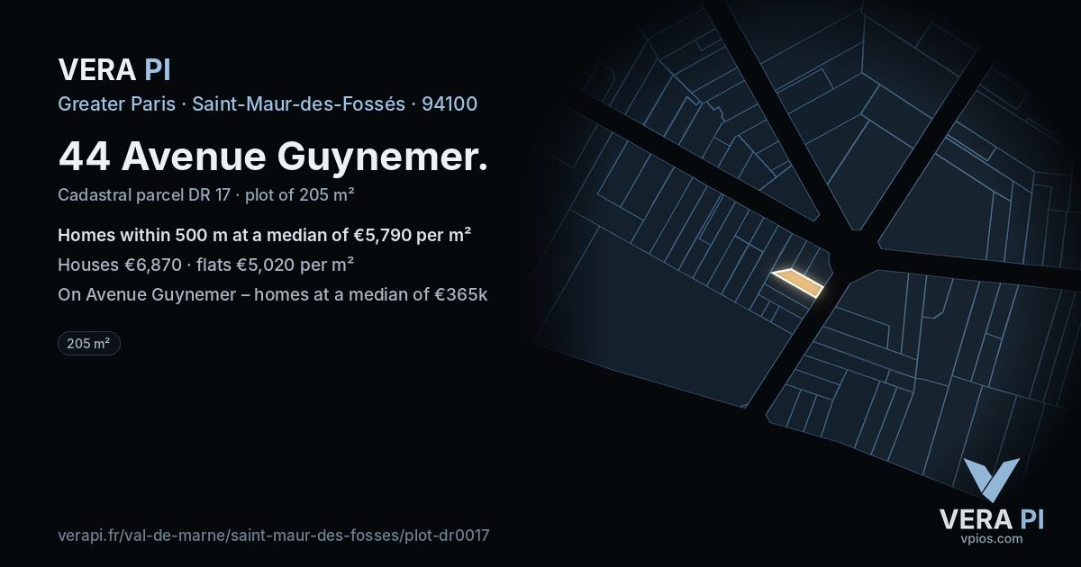 44 Avenue Guynemer, Saint-Maur-des-Fossés at night – the plot lit, the parcels around coloured by the prices near them