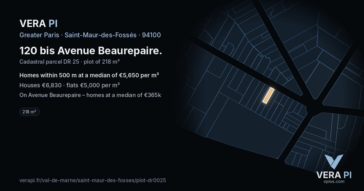 120 bis Avenue Beaurepaire, Saint-Maur-des-Fossés at night – the plot lit, the parcels around coloured by the prices near them