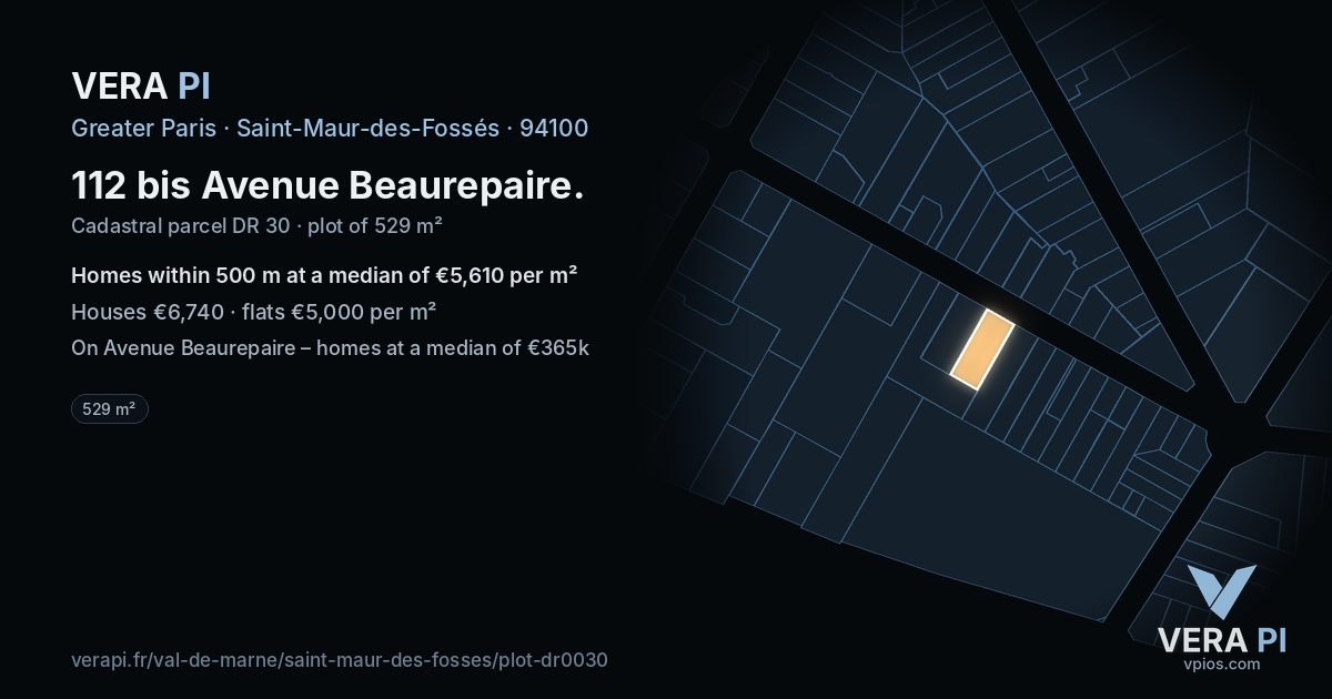 112 bis Avenue Beaurepaire, Saint-Maur-des-Fossés at night – the plot lit, the parcels around coloured by the prices near them