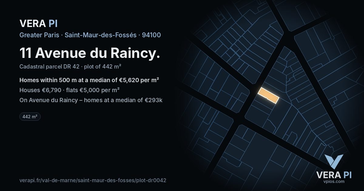 11 Avenue du Raincy, Saint-Maur-des-Fossés at night – the plot lit, the parcels around coloured by the prices near them