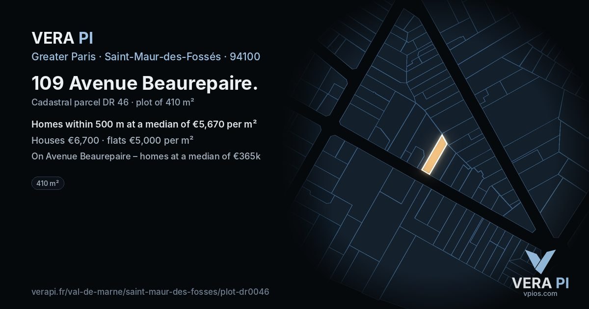109 Avenue Beaurepaire, Saint-Maur-des-Fossés at night – the plot lit, the parcels around coloured by the prices near them