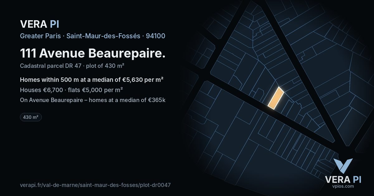111 Avenue Beaurepaire, Saint-Maur-des-Fossés at night – the plot lit, the parcels around coloured by the prices near them