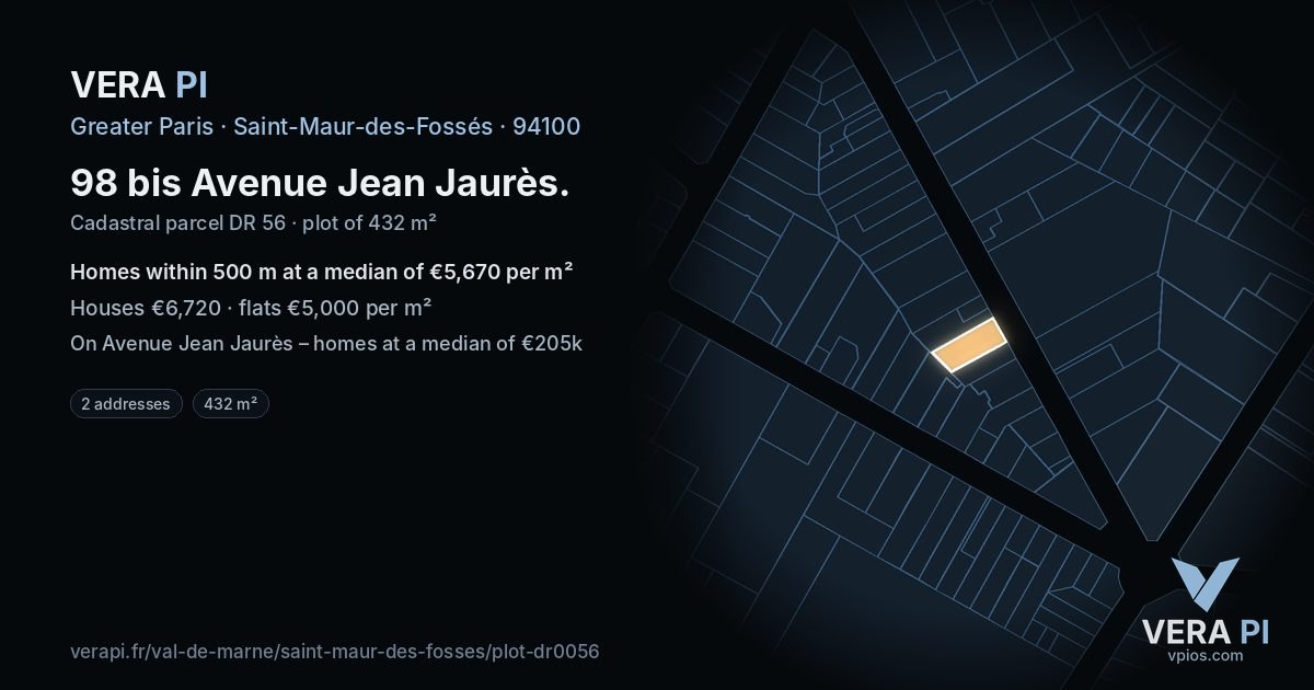 98 bis Avenue Jean Jaurès, Saint-Maur-des-Fossés at night – the plot lit, the parcels around coloured by the prices near them