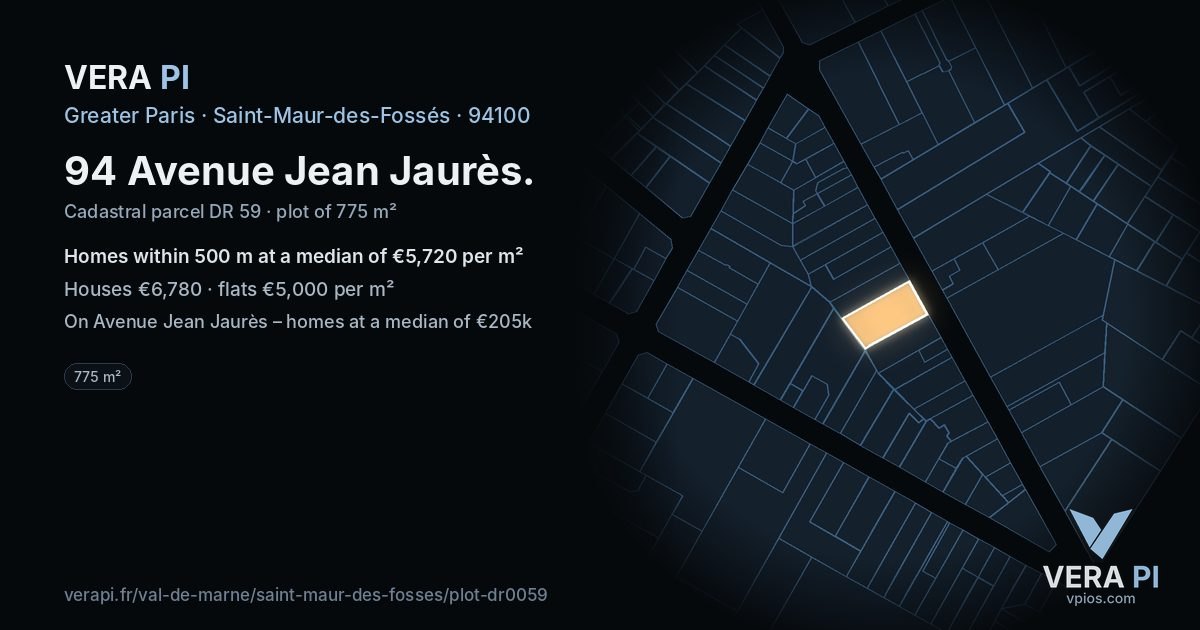 94 Avenue Jean Jaurès, Saint-Maur-des-Fossés at night – the plot lit, the parcels around coloured by the prices near them