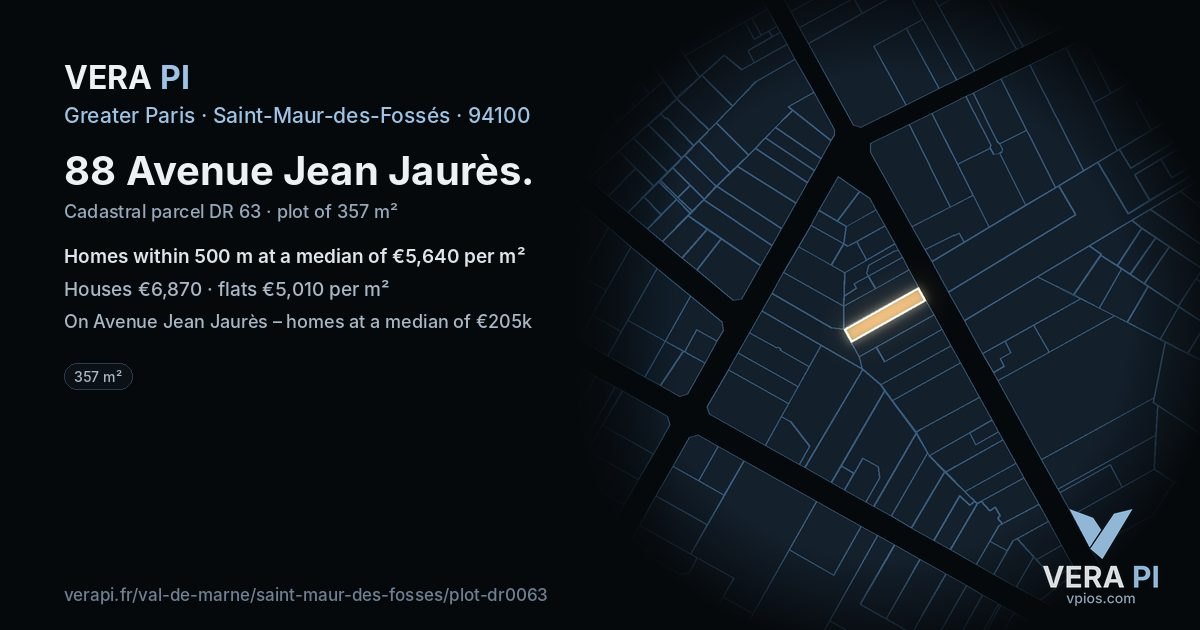 88 Avenue Jean Jaurès, Saint-Maur-des-Fossés at night – the plot lit, the parcels around coloured by the prices near them