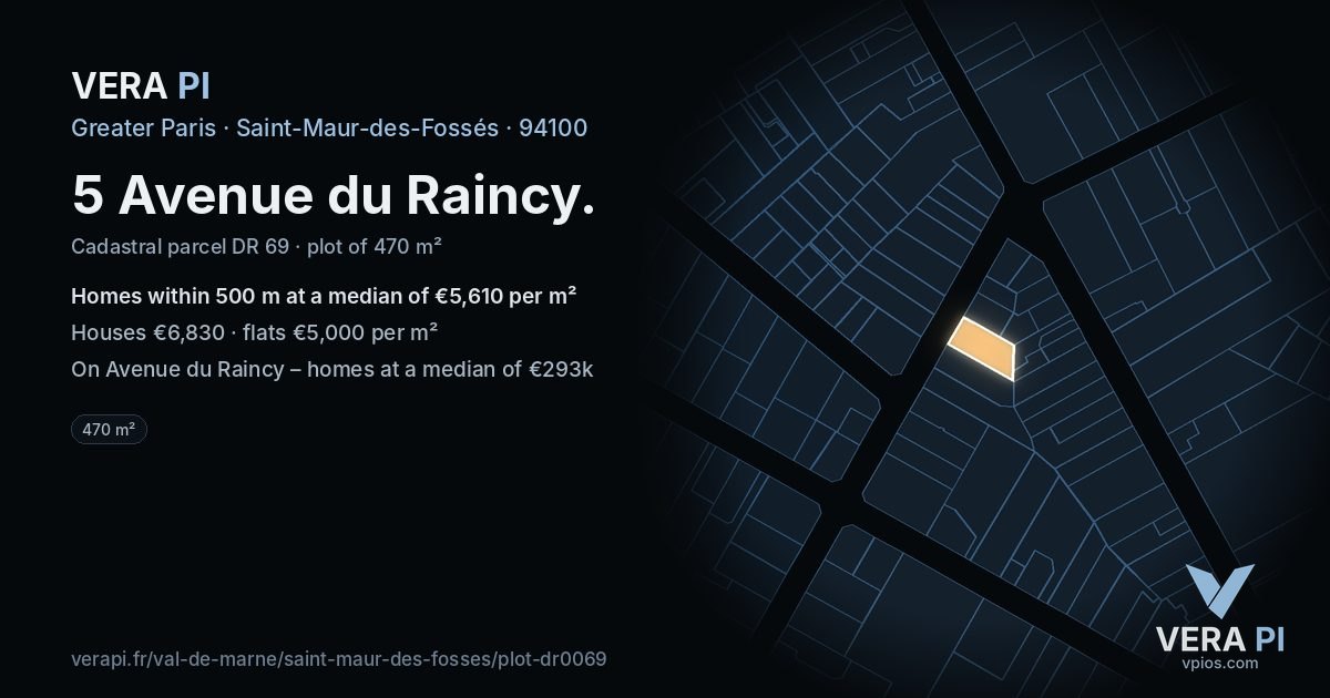 5 Avenue du Raincy, Saint-Maur-des-Fossés at night – the plot lit, the parcels around coloured by the prices near them