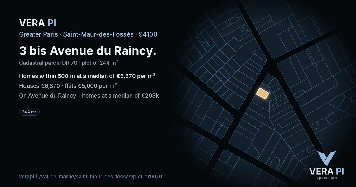 3 bis Avenue du Raincy, Saint-Maur-des-Fossés at night – the plot lit, the parcels around coloured by the prices near them