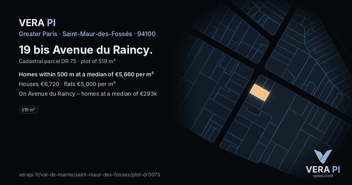 19 bis Avenue du Raincy, Saint-Maur-des-Fossés at night – the plot lit, the parcels around coloured by the prices near them