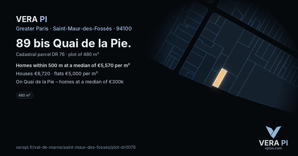 89 bis Quai de la Pie, Saint-Maur-des-Fossés at night – the plot lit, the parcels around coloured by the prices near them