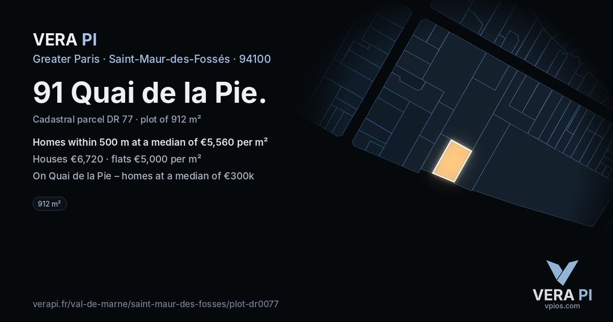 91 Quai de la Pie, Saint-Maur-des-Fossés at night – the plot lit, the parcels around coloured by the prices near them